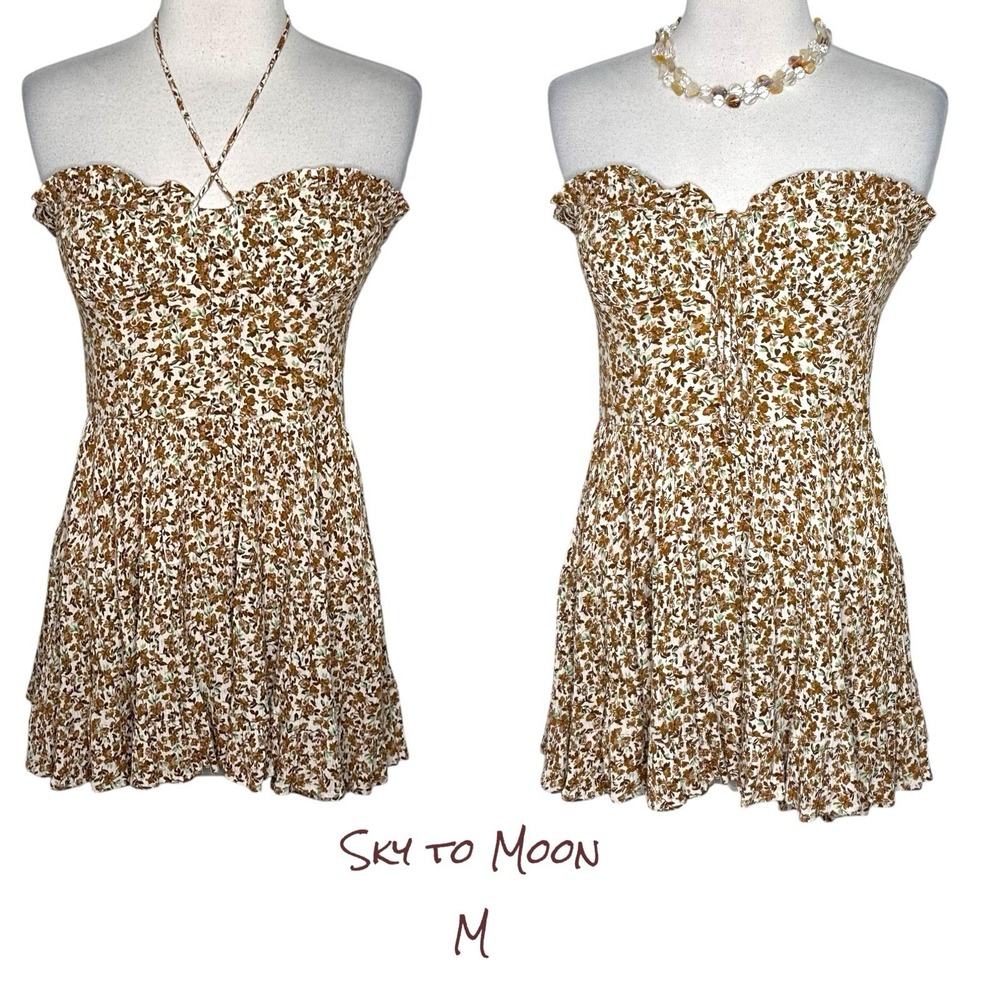 Sky to Moon Mini Dress M Brown Floral‎ Halter Strapless Ruffle Fit Flare
